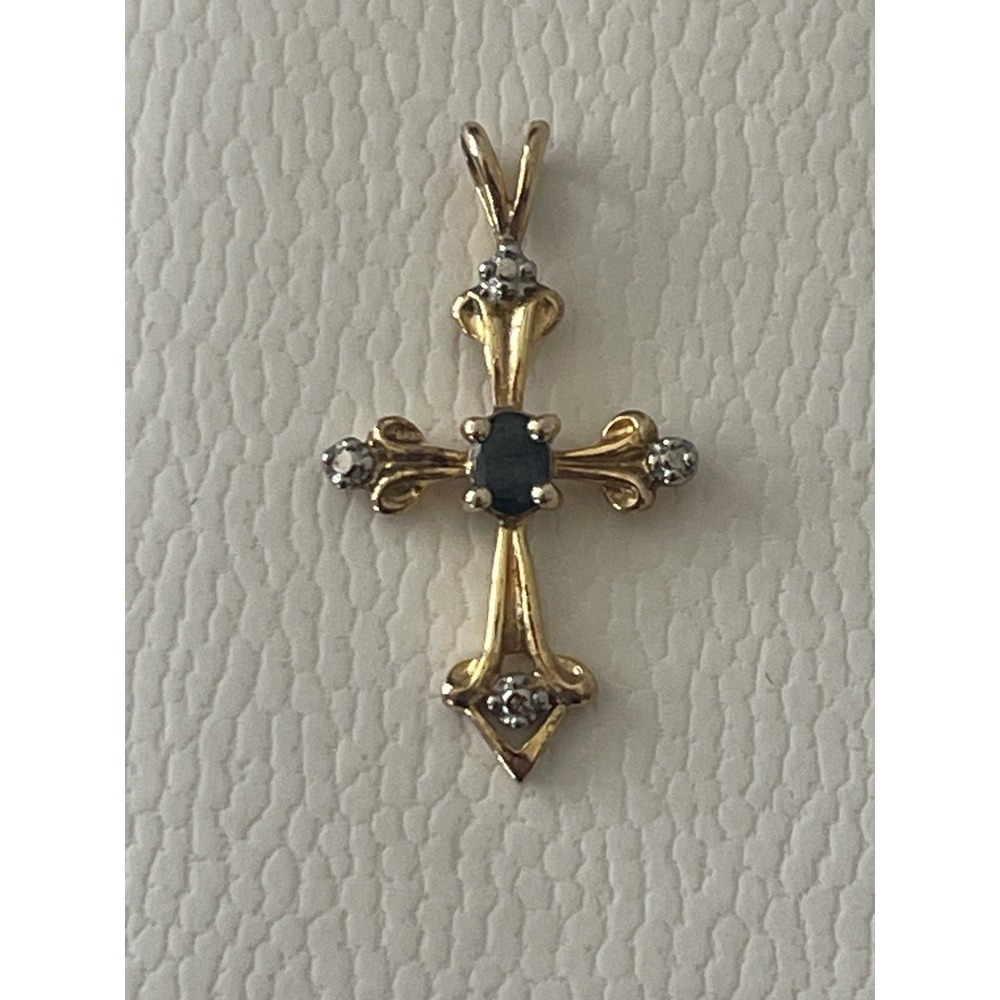 925 Sterling Silver Gold Plated Cross Pendant CZ Blue Center Stone